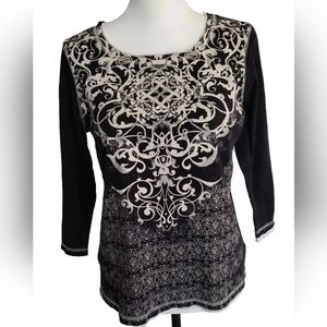 Zenergy by Chico's Beaded Black And Cream Cotton Blouse 3/4 Sleeve Womens Size 1